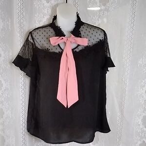 ELEGANT BLACK SHEER WITH PINK BOW LCCENT SHEIN WOMEN'S BLOUSE SIZE L